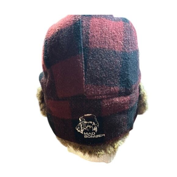 Mad Bomber trapper hat red black buffalo plaid rabbit fur lined cap sz med wool - Picture 3 of 5